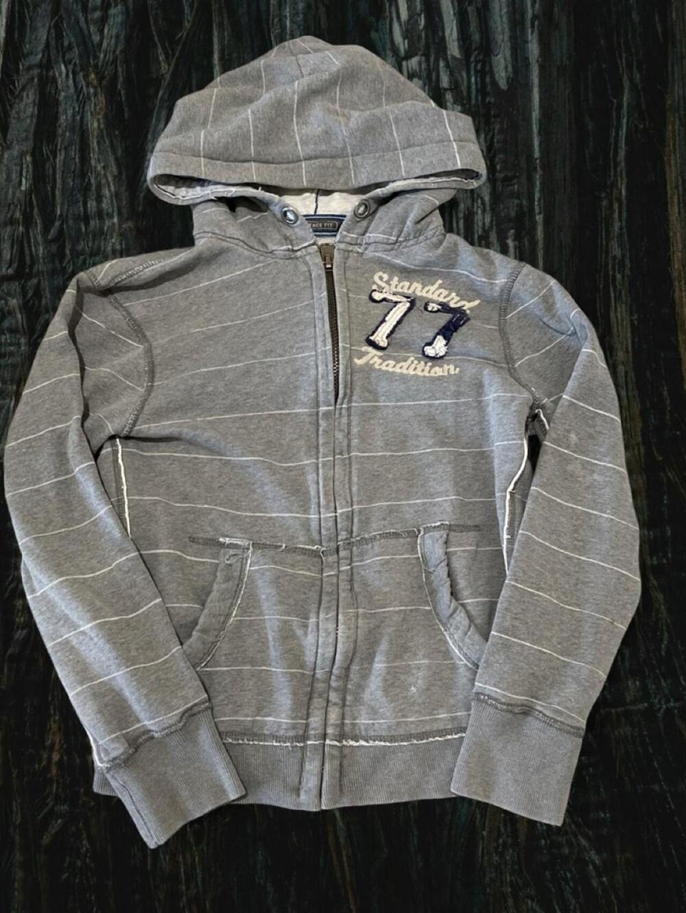 American Eagle Outfitters Gray Striped Zip Up Hoodie with White Vertical Stripes